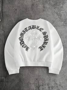 AXEPEAK Men's Letter Print Cross Rhinestone Pullover Sweatshirt - White - View 3