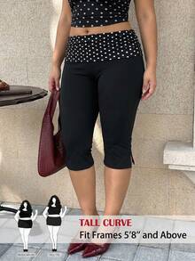 SHEIN Tall CURVE 大码女式黑色波点侧开衩修身休闲七分裤，女士休闲服饰 - 黑色 - 查看 6