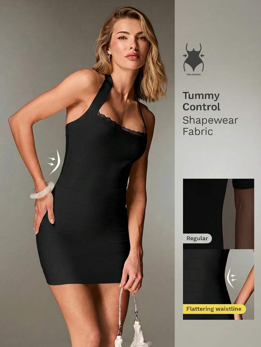 Nuvra Women's Solid Color Contrast Lace Halter Bandage Dress Club Night Black Summer Bandage - Black - View 1