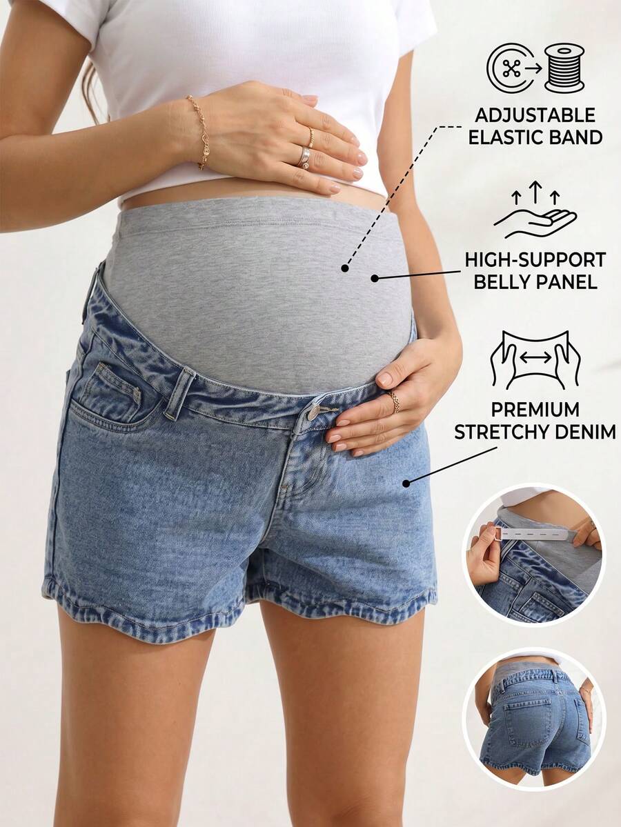 SHEIN Women's Adjustable Waist Pocket Casual Denim Shorts Navy Blue Summer - Medium Wash - View 1