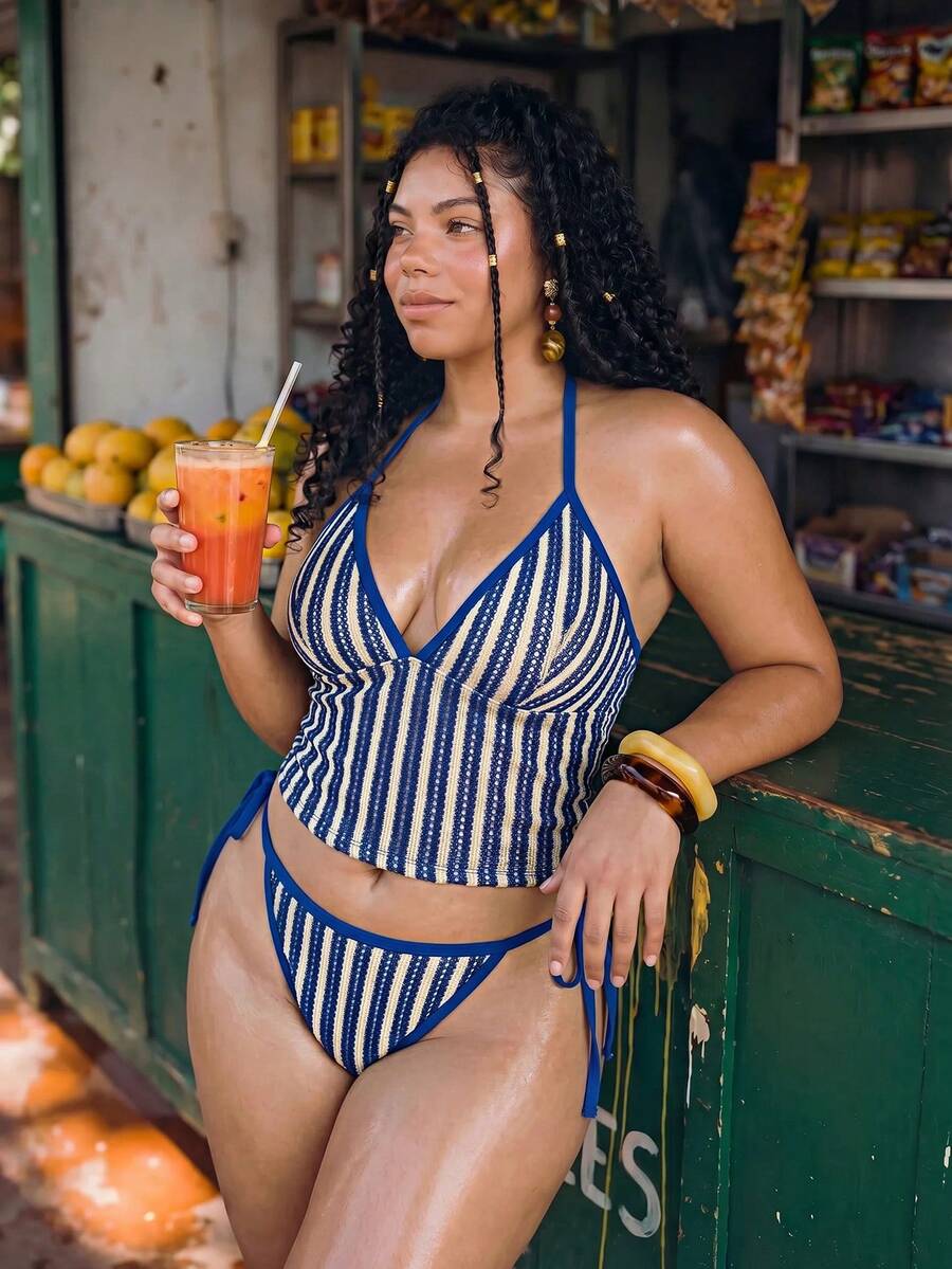 SHEIN Swim 2026新款復古天藍色比基尼兩件套 掛脖三角杯聚攏顯胸飾邊上衣 側綁帶比基尼褲 適合海灘家庭度假 - 藍白色 - 查看 1