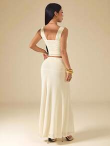 SHEIN PETITE Apricot Ruched Bandeau Top & Low Waist Ruched Flowy Maxi Skirt 2 Pieces Set, Beach Holiday Outfit, Summer Boho Backless, Women's Concert Attire, Bridesmaid 2 Pieces,Work Outfits For Women ,Petite Women - Apricot - View 5
