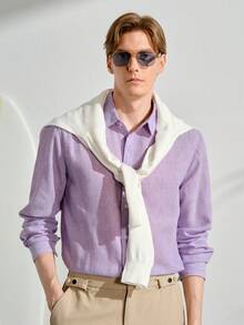 VeloEdit Men's Purple Solid Collar Long Sleeve Polyester Shirt, Button Front, Spring, Button Down Shirt, Casual, Comfortable, Versatile, Daily Wear, Gift For Father/ Husband Fall Winter - Purple - View 1