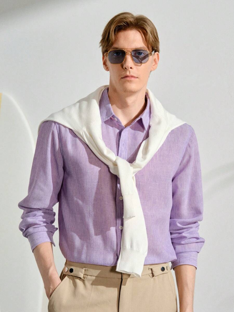 VeloEdit Men's Purple Solid Collar Long Sleeve Polyester Shirt, Button Front, Spring, Button Down Shirt, Casual, Comfortable, Versatile, Daily Wear, Gift For Father/ Husband Fall Winter - Purple - View 1