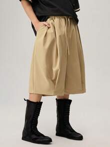 Vaulklash Men's Solid Color Drawstring Waist Casual Versatile Daily Wear Shorts - Khaki - View 2