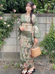 Irokai 日式優雅復古花卉印花浴衣 - 綠色 - 查看 1