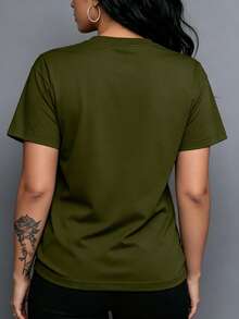 Rovax Women's Round Neck Floral Print Fashion Green Short Sleeve T-Shirt - Army Green - View 2