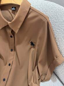 Franclia Plus Size Casual Loose Embroidered Shirt - Brown - View 5