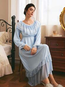 Côtesoire Women's Lace Patchwork Pleated Casual Daily Home Sleep Dress - Baby Blue - View 4