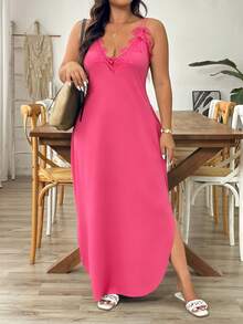 Breezaya Vestido de talla grande con tirantes finos, escote en V, bordado, unicolor y bajo asimétrico - Rosa Fucsia - Ver 4