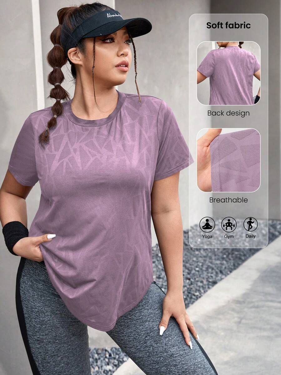 Rhythm Era Camiseta deportiva de manga corta con dobladillo curvo de unicolor talla grande - Morado - Ver 1