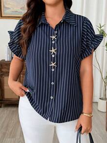 Weeklong Plus Size Classic Blue Striped Beach Commute Elegant Casual French Style Button Cardigan Shirt - Navy Blue - View 3