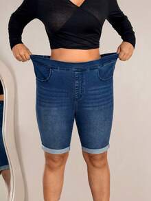 Flexra Plus Size Women's Casual Slim Fit Denim Shorts Trail Ride Navy Blue Summer - Dark Wash - View 4