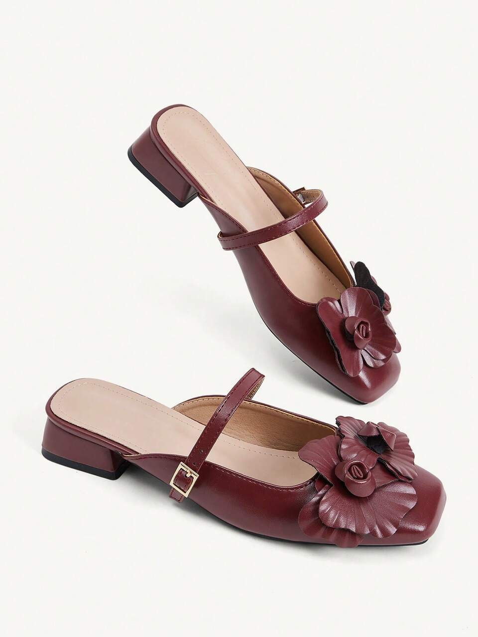 CUCCOO CHICEST Fashion Burgundy Three-Dimensional Flower Short Heel Square Toe Women's Shoes Mule Shoes Commuting Versatile Elegant Party Vacation Women's