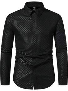 Manfinity Mode Camisa formal de manga larga con patrón de diamante para hombres, para ir al trabajo y ceremonias - Negro - Ver 3