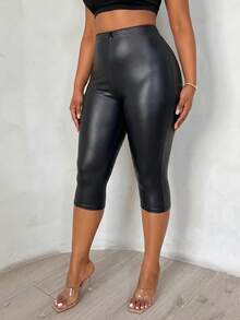 SHEIN SXY Plus Size Women's Solid Color PU Leather Fashion Capris - Black - View 7