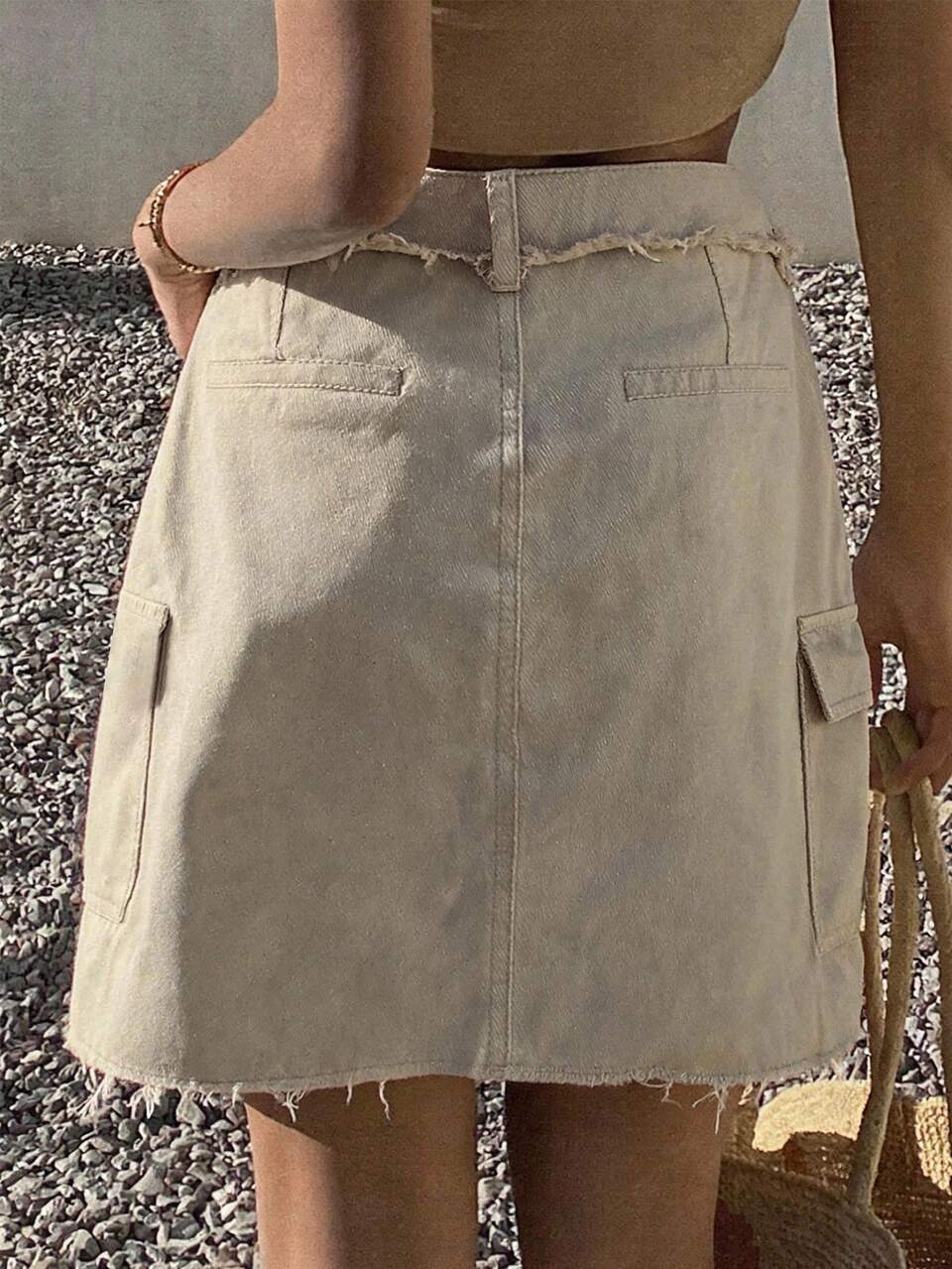Summer Autumn Cotton High Waist Solid Color Washed Casual Streetwear A-Line Slim Fit Contrast Stitching Khaki Women's Denim Skirt Vacation