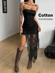 Coolane Women's Summer Streetwear Y2K Chic Date Night Vacation Music Festival  Lace Concert Sleeveless Asymmetrical 34%Cotton Dress,Black For Women - Black - View 3