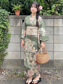 Irokai 日式優雅復古花卉印花浴衣 - 綠色 - 查看 3