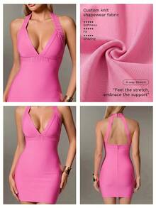 Nuvra Gaun Bandage Model Halter Neck Warna Pink Terang untuk Kencan, Klub Malam, Malam Musim Panas - Berwarna merah muda - View 3