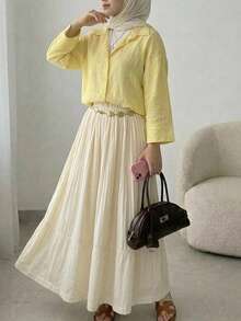 Solavon Rok Midi Liburan Elegan Serbaguna Berlipit Model A-Line Pinggang Tinggi Terbaru - Angsa kuning - View 3