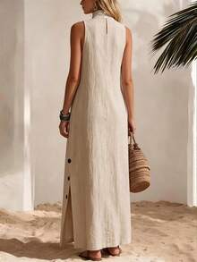 Everyssa Summer Casual Solid Color Linen Sleeveless Side Slit Dress, Beach Vacation Minimalist Style, Fashionable Versatile - Khaki - View 2