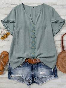 SHEIN LUNE CURVE 大码梭织休闲度假日常通勤办公夏季女式衬衫 - 綠色 - 查看 3