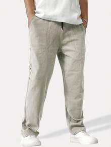 Chillumni Pantalones rectos de cintura con cordón, unicolor, holgados, para otoño - Gris Claro - Ver 3