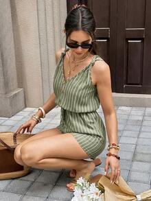 Serisse 女款紋理鈕扣裝飾彈性腰帶夏季簡約休閒連身短褲 - 軍綠色 - 查看 7