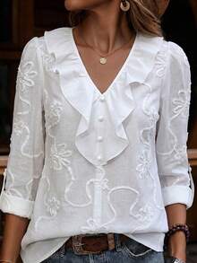 Louniche Blusa casual de vacaciones de unicolor con volantes y flores 3D - Blanco - Ver 1