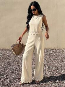 Cévolie Conjunto de 2 piezas de blusa sin mangas con dobladillo de encaje en contraste y pantalones de unicolor para mujer, beige, casual elegante para brunch y vacaciones de verano - Caqui - Ver 1