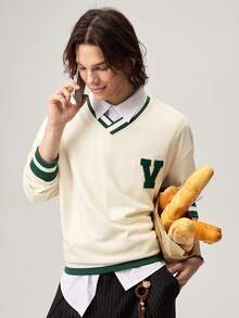 Aesthetic Post--Men's Casual Fashion Letter Flocking Loose V-Neck Sweatshirt Y2k Jersey Sweatshirt, For Tennis, For Fall, Long Sleeve Top - Apricot - View 1