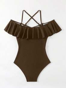 SHEIN Swim Traje de baño de una pieza con volantes, hombros descubiertos y cuello halter de unicolor para mujer para vacaciones - Café integral - Ver 7