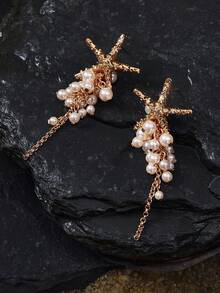 Opalesca Pendientes únicos de diseñador con borla de perla en forma de estrella de mar para mujeres, material natural con chapado, atuendos, dinero antiguo, cuentas, accesorios de boda/novia, Fairycore/Fairy, perla, otoño/invierno, para mamá/mujer/niña/madre, elegante, premium, Día de San Valentín, regalo - Dorado - Ver 5