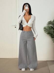 SHEIN PETITE 女款時尚百搭保暖灰色尼龍通勤長褲 - 灰色 - 查看 8
