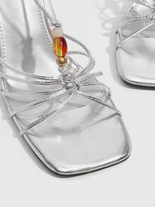 CUCCOO SZL Ladies Fashion Elegant Party, Thick Heel Wedge, Square Toe Kink, Lace-Up Beaded Sandals - Silver - View 4