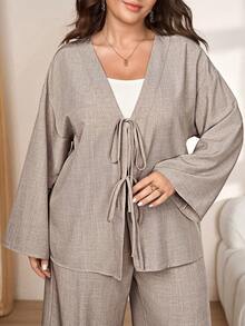 Comfylo Plus Size Casual Modest Elegant Soft Form Loose Shirt And Pants 2 Pieces Set Autumn Brunch Morning Formal Office Two Toned Grey - Khaki - View 2