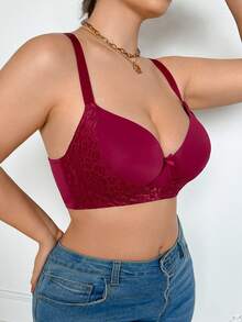 SHEIN 1pc Women's Lace Patchwork Plus Size Underwire Bra - Burgundy - View 4