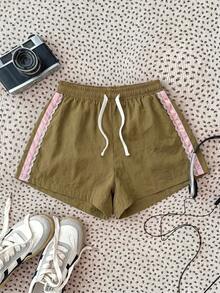 SHEIN 少女针织抽绳腰带撞色蕾丝休闲短裤 - 彩色 - 查看 6