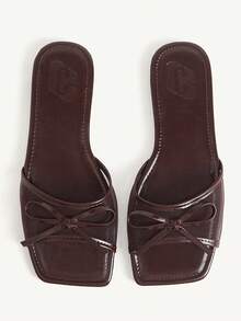 CUCCOO CHICEST Square Toe Bow Flat Bottom Sandals, Simple Belt Design, Casual Open-Toed Slippers For Daily Wear In Summer - Brown - View 1