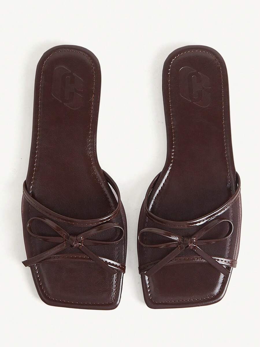 CUCCOO CHICEST Square Toe Bow Flat Bottom Sandals, Simple Belt Design, Casual Open-Toed Slippers For Daily Wear In Summer - Brown - View 1
