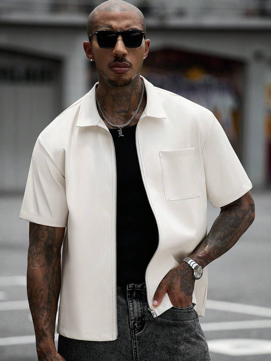 SLATEMANN Men's Loose Fit PU Leather Front Zip Short Sleeve Shirt, Streetwear Inspired - Apricot - View 1