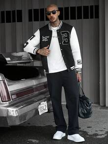 SLATEMANN Men's Letter Pattern Striped Long Sleeve Single-Breasted Baseball Jacket - Black - View 6