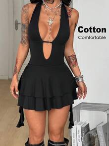 Coolane 女款春夏演唱會穿搭街頭風 Y2K 約會之夜夜店外訪性感露背深V領迷你洋裝 萬聖節黑色 - 黑色 - 查看 3