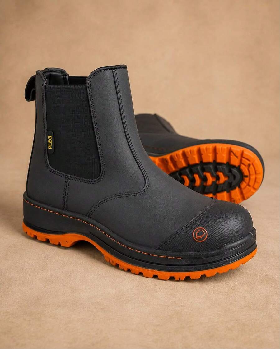 Genuine Leather Pleg Working Bootin Chelsea With Steel Helmet - negro naranja - View 1