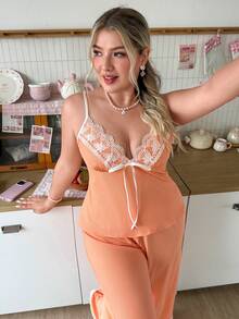 Slumberry CURVE Plus Size Sweet Vacation Camisole & Long Pants Pajama Set - Coral Orange - View 3