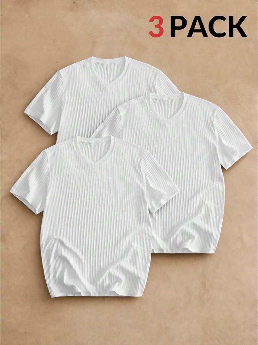 HIMLAND 3pcs/Pack Men's Casual Knit Solid Color Short Sleeve T-Shirts, Suitable For Daily Wear - White - View 1