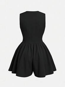 SHEIN MOD Jumpsuit Kasual Serbaguna Ukuran Besar Leher V Pinggang Pendek Kaki Lebar Warna Hitam Polos 95% Katun - Hitam - View 5