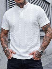 Manfinity CasualCool 男士立領 Polo 衫，針織提花面料，休閒日常穿著，時尚百搭風格 - 白色 - 查看 3