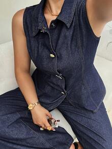Dazy Plus Dark Wash Blue Denim Set, Fitted Sleeveless Denim Top With Starfish Button Decor, Loose Long Denim Pants, Plus Size Women Spring Summer - Dark Wash - View 5